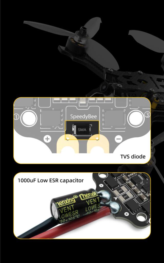 1000uF zems ESR kondensators + TVS aizsargdiode = Papildu aizsardzība